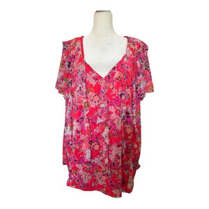 Elle Pink Red Floral Blouse Plus Size 3X - Vibrant V-Neck Short Sleeve Top